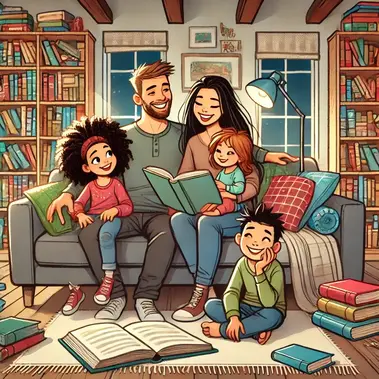 An illustrated family reading together surrounded by books